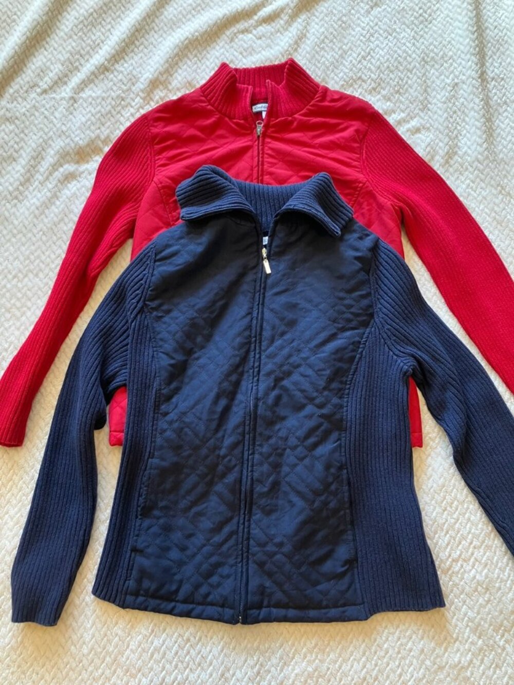 Croft & Barrow Womens M 2pc Sweater Jacket Lot Red Navy Quilted Knit Zip Cotton